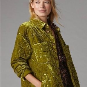 Anthropologie Quilted Velvet Shirt Chartreuse Green size small
